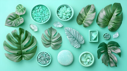Mint green aesthetic leaves, crystals, succulents, flat lay.  Possible use social media post, product photography