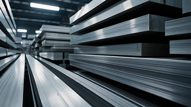 Stacks of polished metal sheets arranged in rows inside industrial warehouse with overhead lighting in modern steel manufacturing plant

