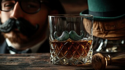 A clear glass with a rounded shape contains amber-colored liquid, adorned with a bright green felt mustache placed across the upper rim.