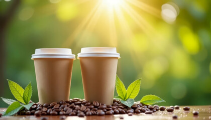 Two eco degradable container cups decorated with coffee beans and green leaves on wooden table on greenery background