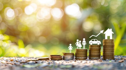 Stacked coins symbolize financial growth with family, home, and car silhouettes