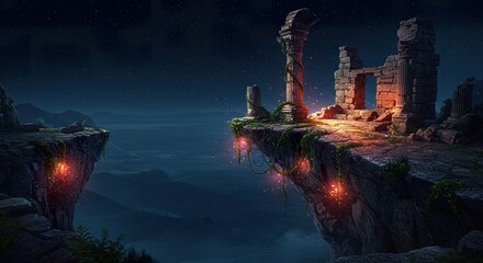 Mystical ruins atop a cliff under a starry night sky with glowing lights