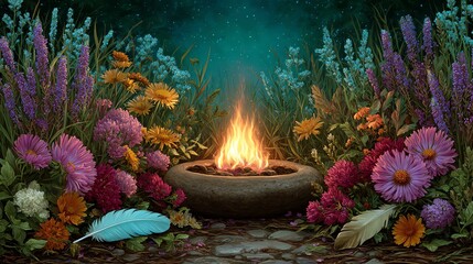 Fototapeta premium Summer Solstice Ceremony background images Vibrant garden flowers surrounding a cozy campfire at night. wallpaper interiors backdrop design wall art for design artwork