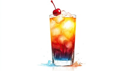 A tall glass filled with a vibrant pink beverage, ice cubes are floating in the drink.