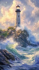 Lighthouse stands tall against crashing waves under a cloudy sky painting