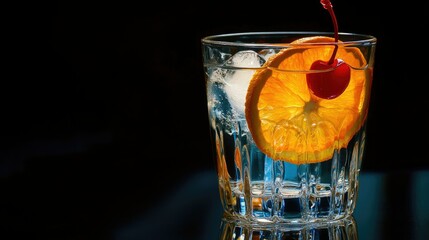 A glass filled with a vibrant red beverage, featuring ice cubes and garnished with an orange slice and a maraschino cherry.