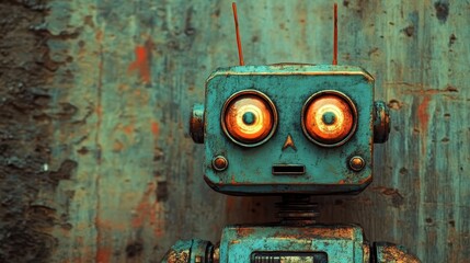 Vintage robot with rusty texture and surprised expression against metal background