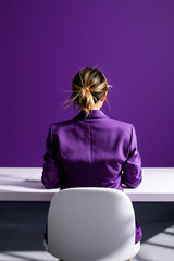 Back view of woman in purple working at desk