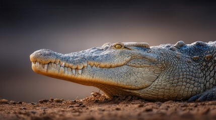 Obraz premium Close-up profile of a reptile resting on the ground.