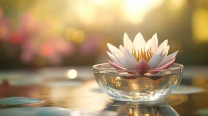 Serene Water Lily in Glass Bowl at Golden Hour
