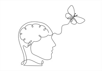 Vector of butterflies flying in people head. Editable stroke.
one line continuous drawing. 