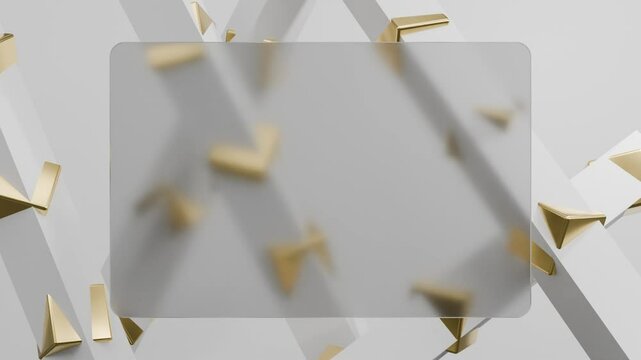 3D geometric shapes with a glass morphism, a rectangle with rounded corners in the center of a white and golden background. Transparent Abstract, blank business element, Empty space, graphic frame