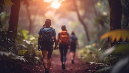 Three female hikers backpacking through a lush forest trail at sunset Enjoy the adventure and serenity of nature