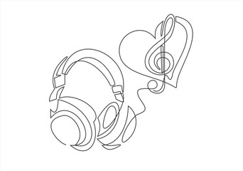 Love Music and headphones with heart or  vector icon for musical apps and websites background vector illustration. one line continuous drawing. Editable stroke.