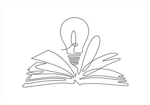 Open book with light bulb. Reading inspiration. New idea concept. Continuous line drawing. Doodle border frame.Editable stroke.