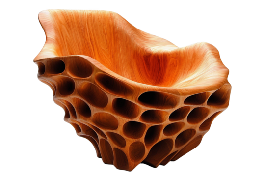 Wooden sculptural chair with artistic hollow design and smooth curved seat for comfort