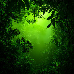 Fototapeta premium Lush Jungle Canopy, Verdant Forest, Mystic Light, Ideal for Wallpaper, Nature Background