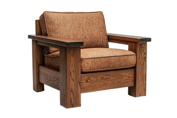 Brown cushioned wooden armchair with classic mission style design isolated transparency