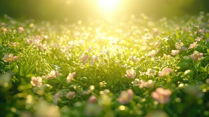 Fototapeta premium Sunny field of pink flowers with blurred background