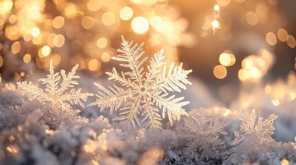 Delicate snowflake against a warm, blurred background.