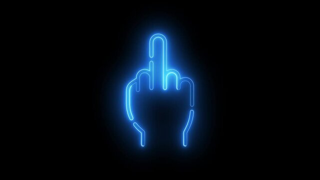 Fuck you, fuck off, provocation gesture neon sign fluorescent light glowing on black background. Symbol fuck you by neon lights