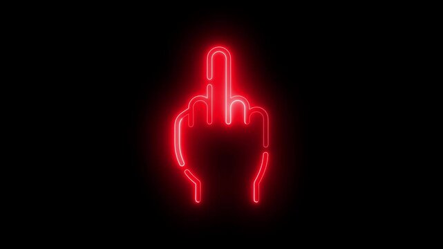 Fuck you, fuck off, provocation gesture neon sign fluorescent light glowing on black background. Symbol fuck you by neon lights