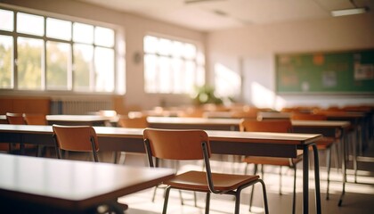 Empty Classroom Desks and Chairs Ready for Students Sunlit School Room Interior