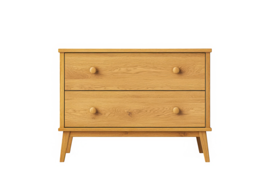 Wooden dresser with two drawers and round knobs, furniture on transparent background
