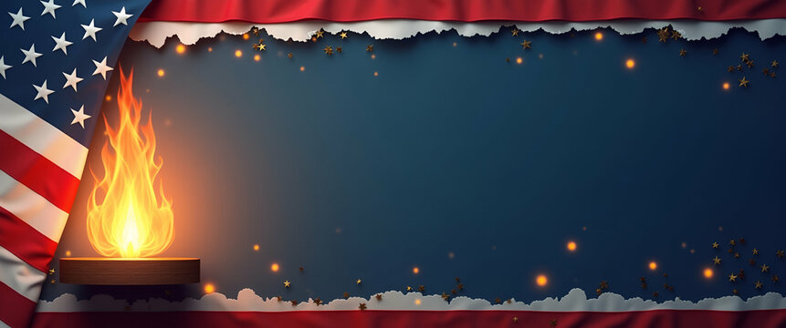 Memorial Day Frame: Patriotic Stripes & Eternal Flame Design for Inspirational Text - Stock Photo Concept with Empty Space on Left Side