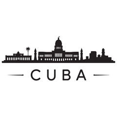 Obraz premium Vector Cuba skyline. Travel Cuba famous landmarks. Business and tourism concept for presentation, banner, web site. Vector black silhouette. with white background