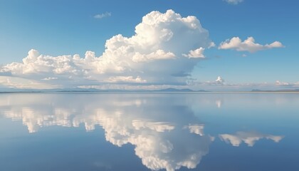 a calm water surface reflecting the sky above