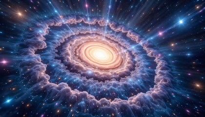 Watercolor spiral galaxy from above, soft planetary dust and scattered stars