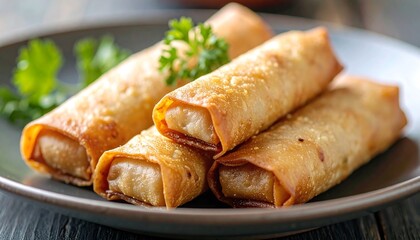 Delicious Crispy Fried Spring Rolls Appetizer on a Plate Close up Photography of Asian Cuisine