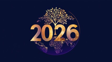 A bright New Year banner with metallic gold "2026", a globe with a flourishing tree as "0", highlighting ecological awareness and travel.