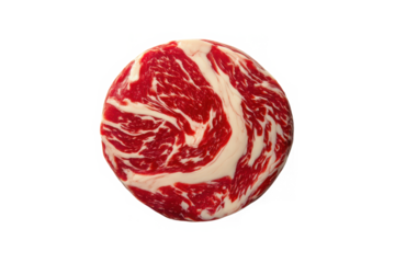 Round cut of marbled meat with red and white swirls on transparent background