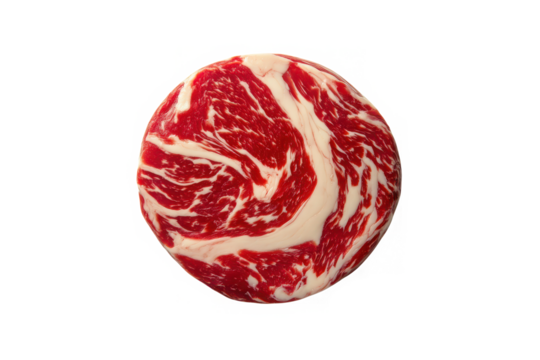 Round cut of marbled meat with red and white swirls on transparent background