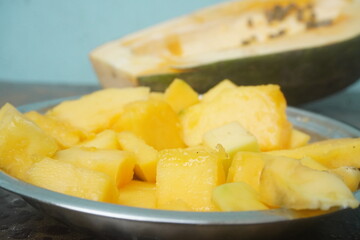 Papaya is a tropical fruit with sweet, orange flesh, rich in vitamins, enzymes, and antioxidants, promoting digestion and health.