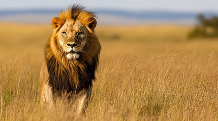 Fototapeta premium Male lion (Panthera leo) in savanna, Masai Mara National Reserve, Kenya, East Africa.