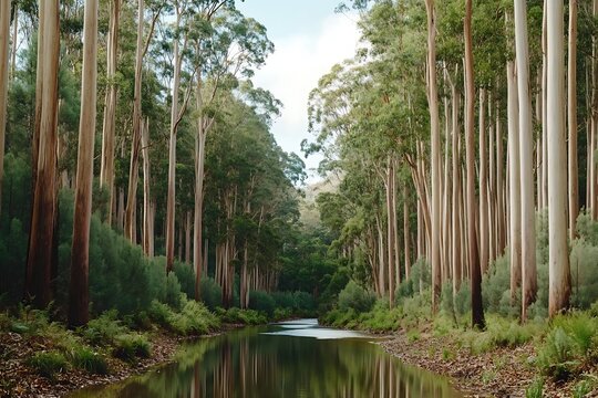 Serene River flowing through a lush Eucalyptus forest with tall trees reflecting on the water