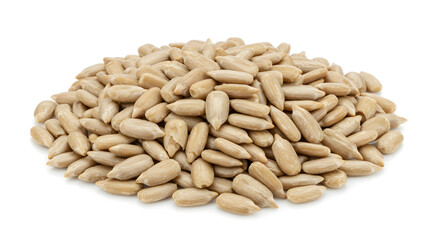 Pile of Hulled Sunflower Seeds Isolated on White Backdrop Studio Shot Close up Nutrient Rich and Natural Textured Delicacy