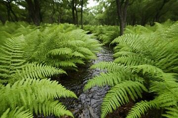 Lush Green Ferns Growing Along a Forest Stream Tranquil Nature Scene