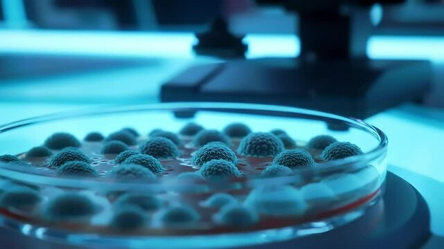 Close-up of Mold Colonies Growing in a Petri Dish with a Microscope in the Background