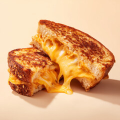 Grilled cheese sandwich with melted cheese stretching between two halves on beige background