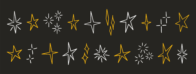 Stars set, crayon hand drawn. Magic yellow and white twinkle icons, contour. Shine, spark or light, chalk elements on black background. Sketch sparkles. Glitter doodle sparks. Vector illustration