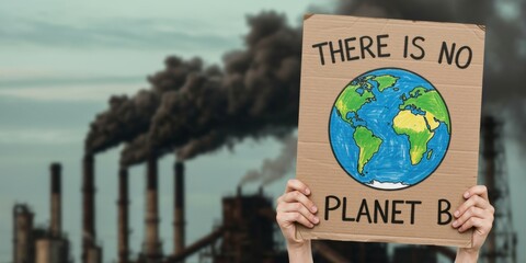 Eco protest sign with kid's hand-drawn Earth and phrase “There is no Planet B”, held in front of industrial plant with dark smoke from chimneys, climate activism, environmental crisis, global warming