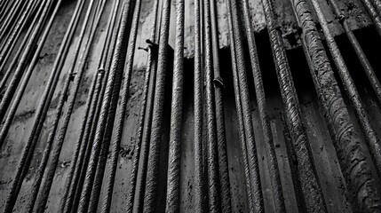 Vertical metal conduits within a concrete structure.