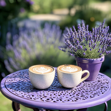 Fototapeta two cups of latte stand on an openwork table in a lavender garden at the dacha