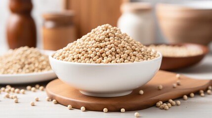 Soybeans in a white bowl on a wooden surface.