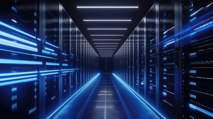Fototapeta premium Dark futuristic data center with rows of glowing server racks and illuminated floor panels, ideal for cyber technology, cloud platforms, and AI infrastructure themes