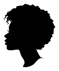 black silhouette of a woman in profile looking left with curly hair